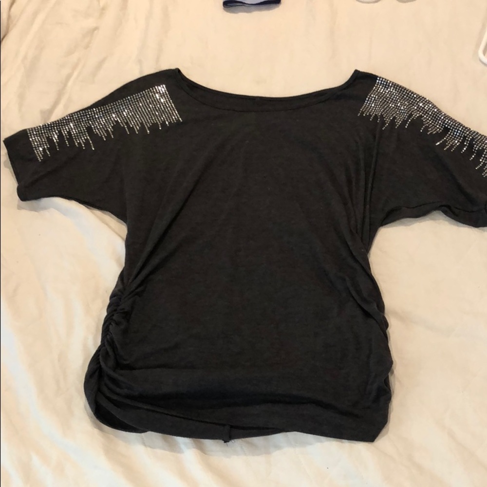 Grey shirt with rhinestone embellished sleeves